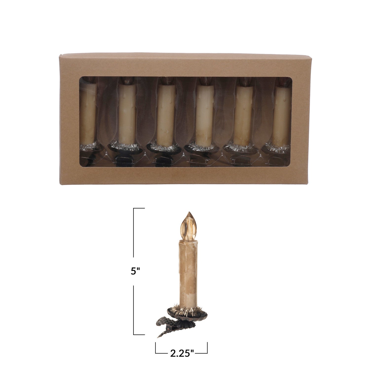 Plastic Candle Clip-On Ornaments with Tinsel & LED Light, Boxed Set of 6