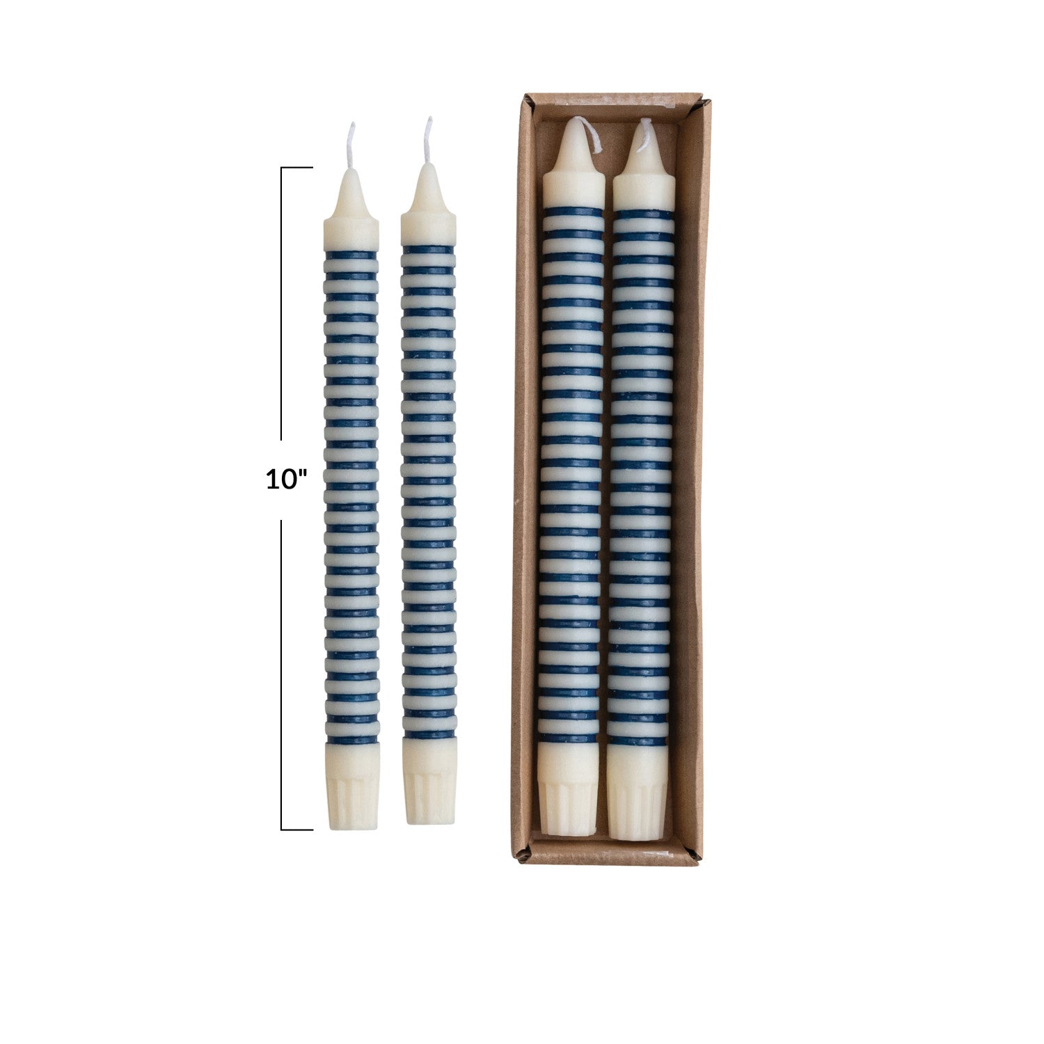 Unscented Striped Taper Candles in Box, Blue, Set of 2