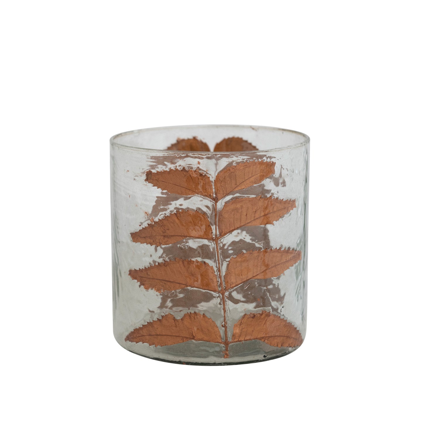 6" Round x 6-1/2"H Glass Candle Holder w/ Embedded Natural Neem Leaves, Copper Finish