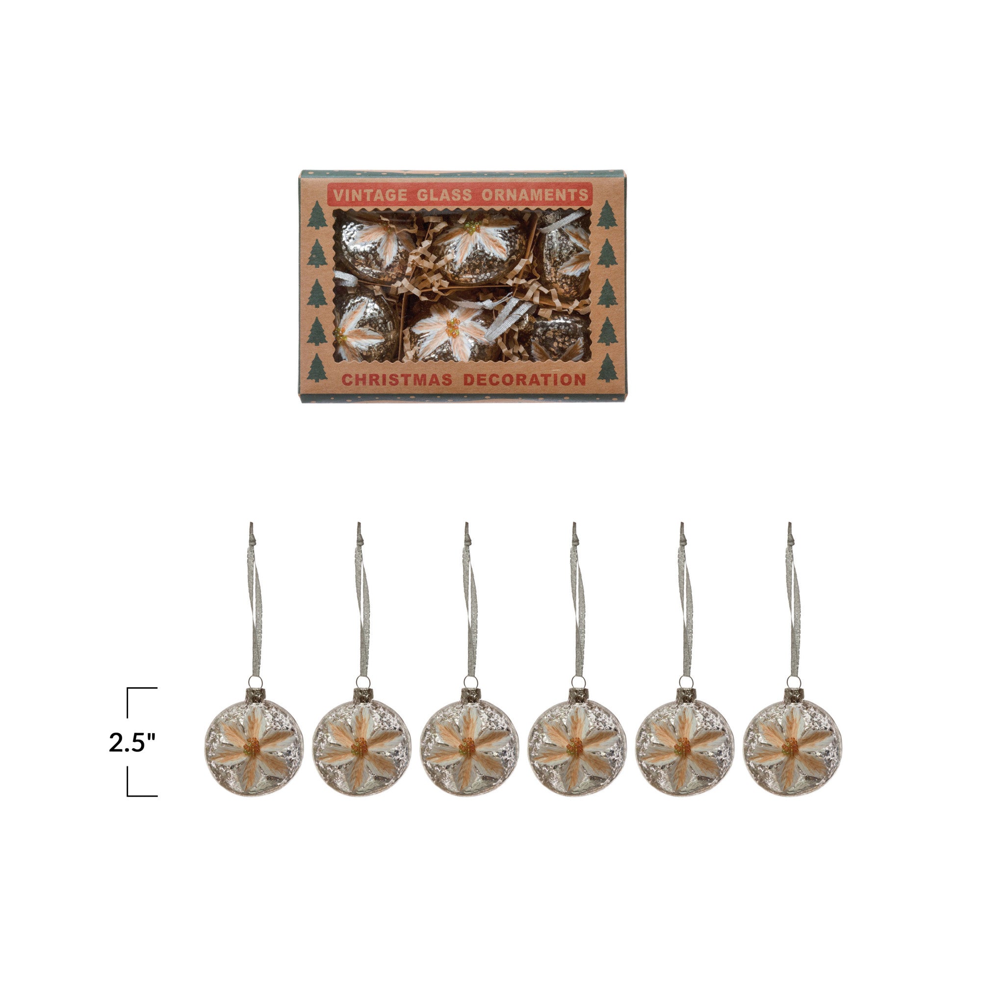 Vintage Reproduction Glass Ornaments with Flower, Boxed Set of 6