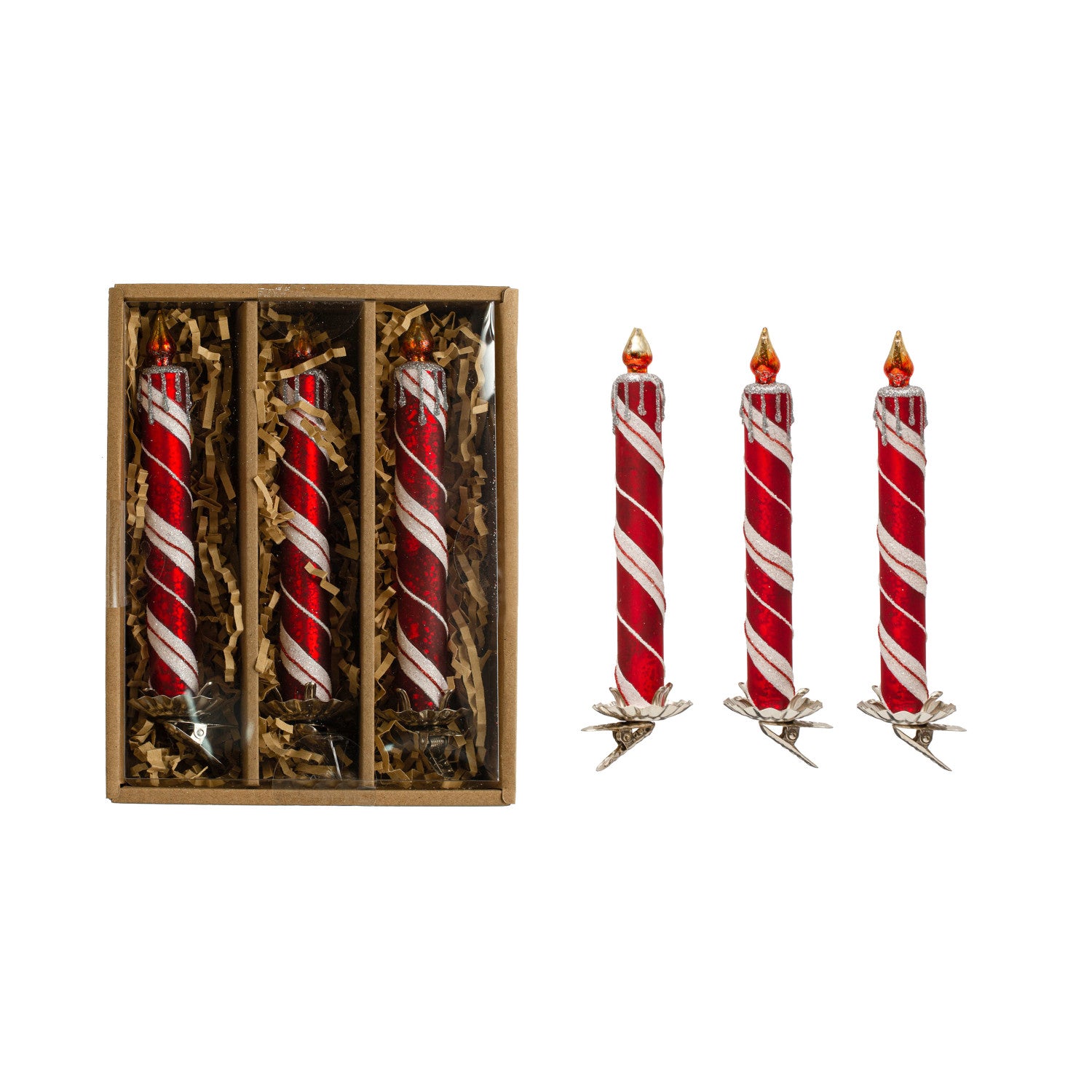 6"H Glass Candle Clip-on Ornaments with Glitter, Red & White Set of 3