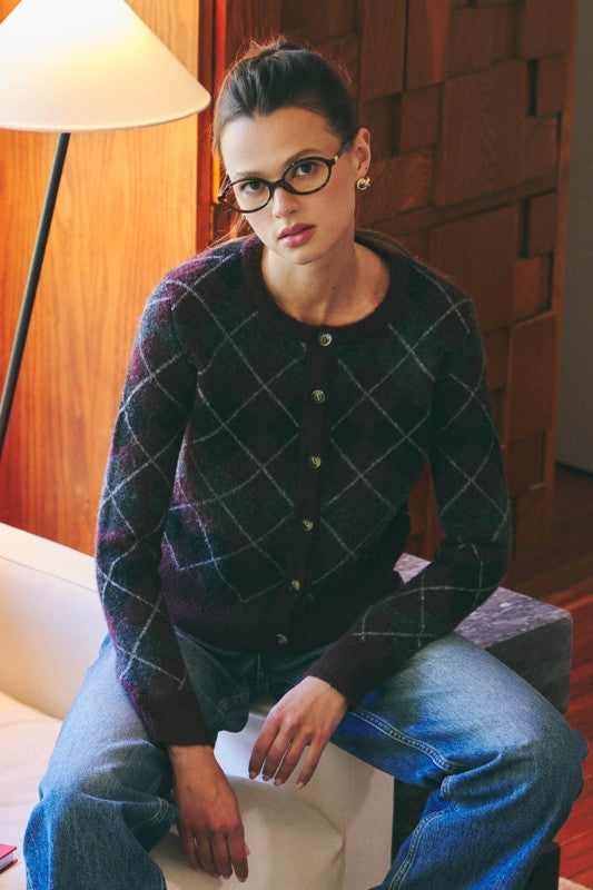 Wine Wool Blend Argyle Cardigan