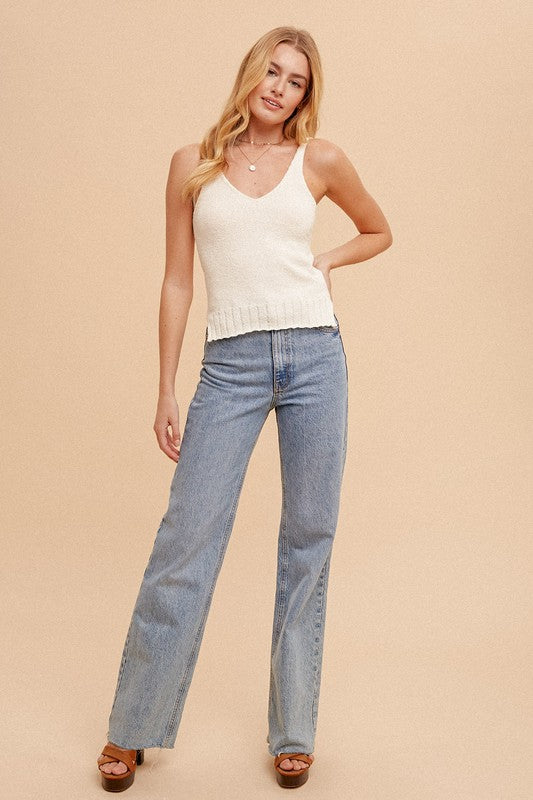 Terry Knit Double V Neck Sweater Tank- Off White