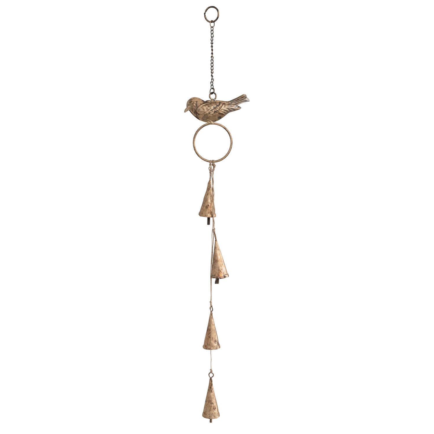 19"H Hanging Metal Bells with Bird on Chain, Antique Brass Finish