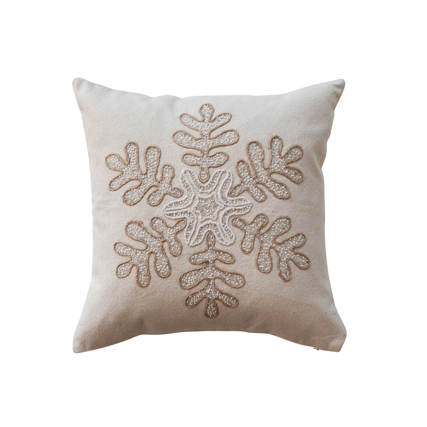 18" Square Cotton Canvas Pillow with embroidered Snowflake & Beads