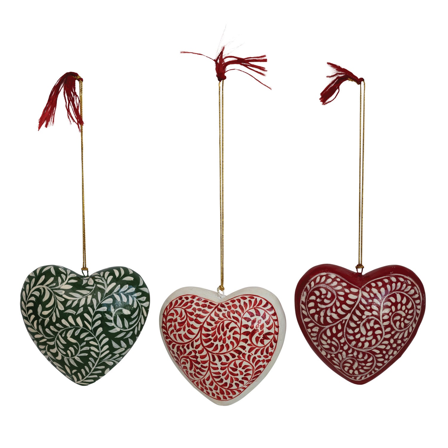 3-1/2"H Hand-Painted Paper Mache Heart Ornament, 3 Colors