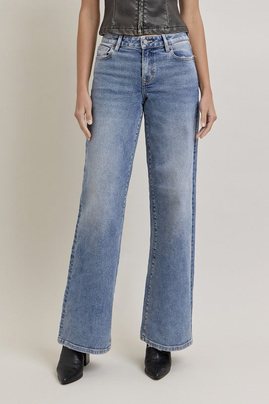 Nori 33" - Medium Wash Clean Mid Rise Wideleg Denim - Hidden