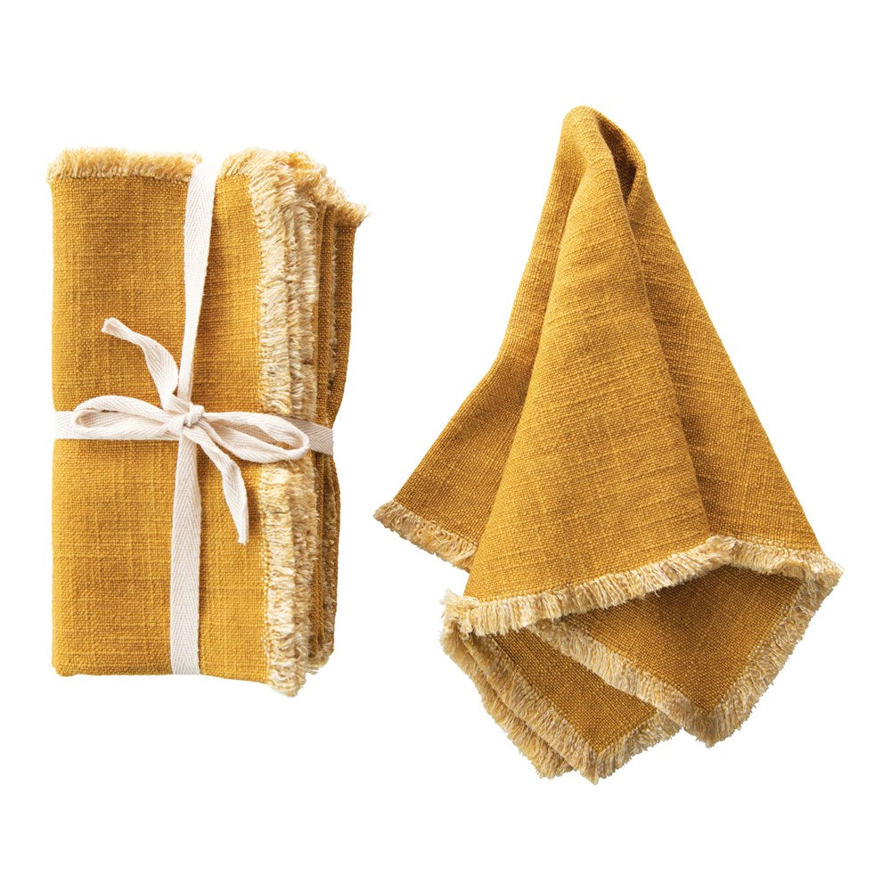 18" Square Linen Blend Napkin with Fringe Trim, Mustard Color, Set of 4