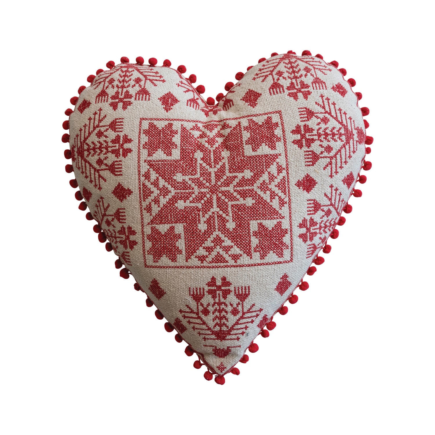 17"L x 16"W Cotton Embroidered Heart Shaped Pillow with Pattern & Pom Pom Trim