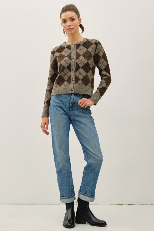 Brown Wool Blend Argyle Cardigan