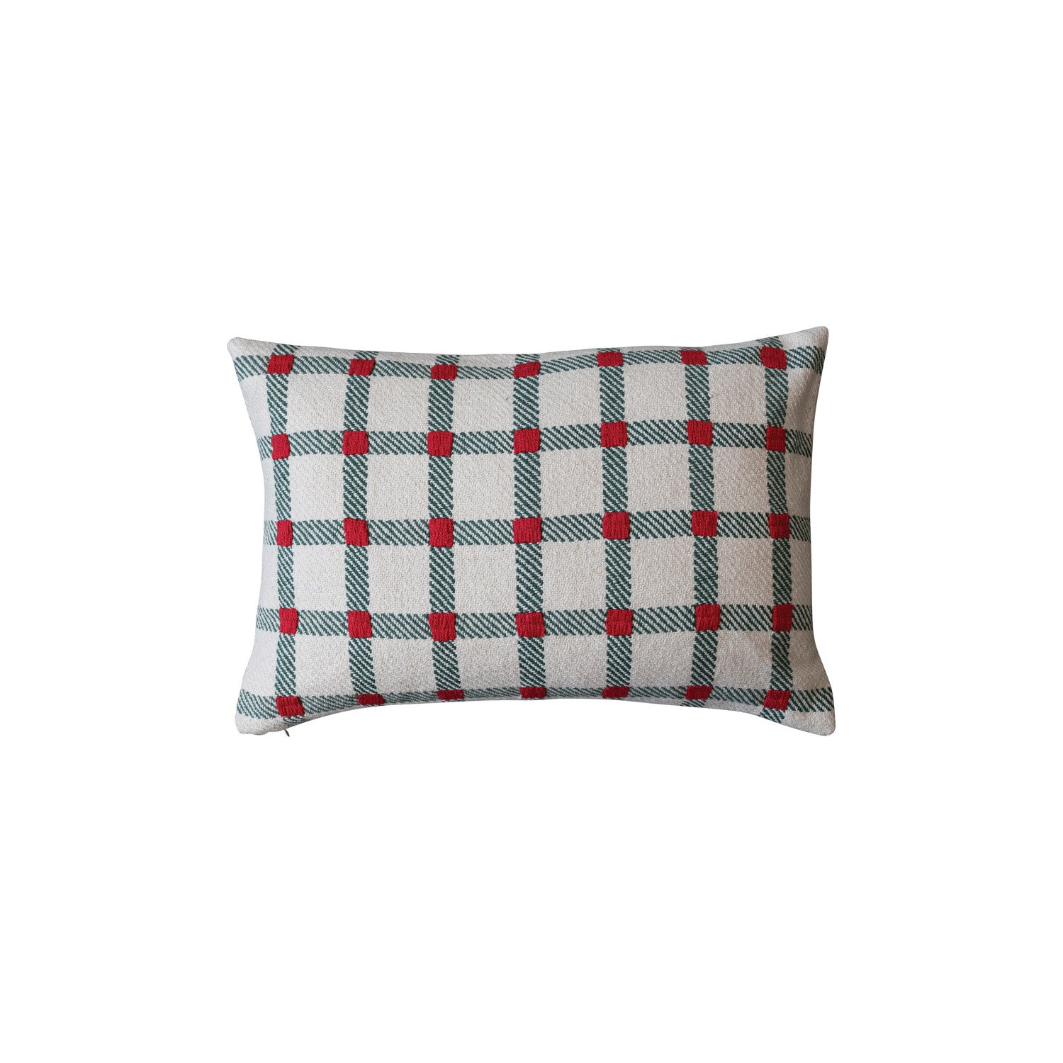 24"L x 16"H Cotton Lumbar Pillow with Embroidery, Natural, Green & Red Plaid