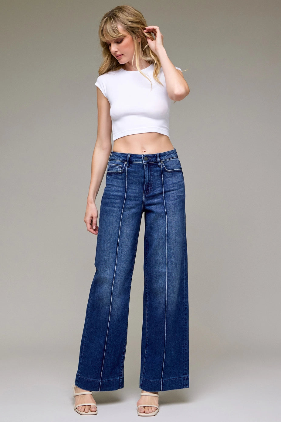 Pintuck 32" - Dark Wash High Rise Wide Leg