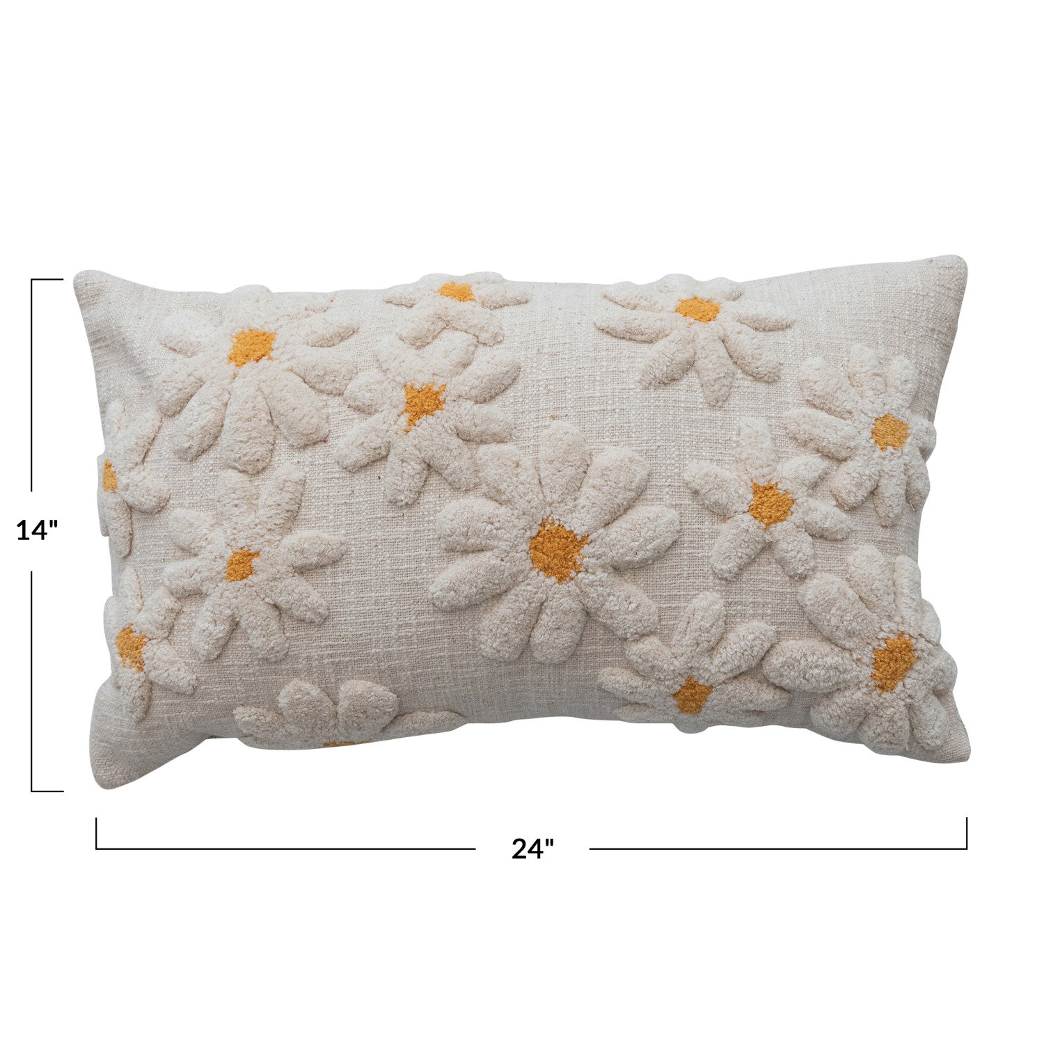 Cotton Slub Lumbar Pillow with Tufted Flowers, Natural & Yellow