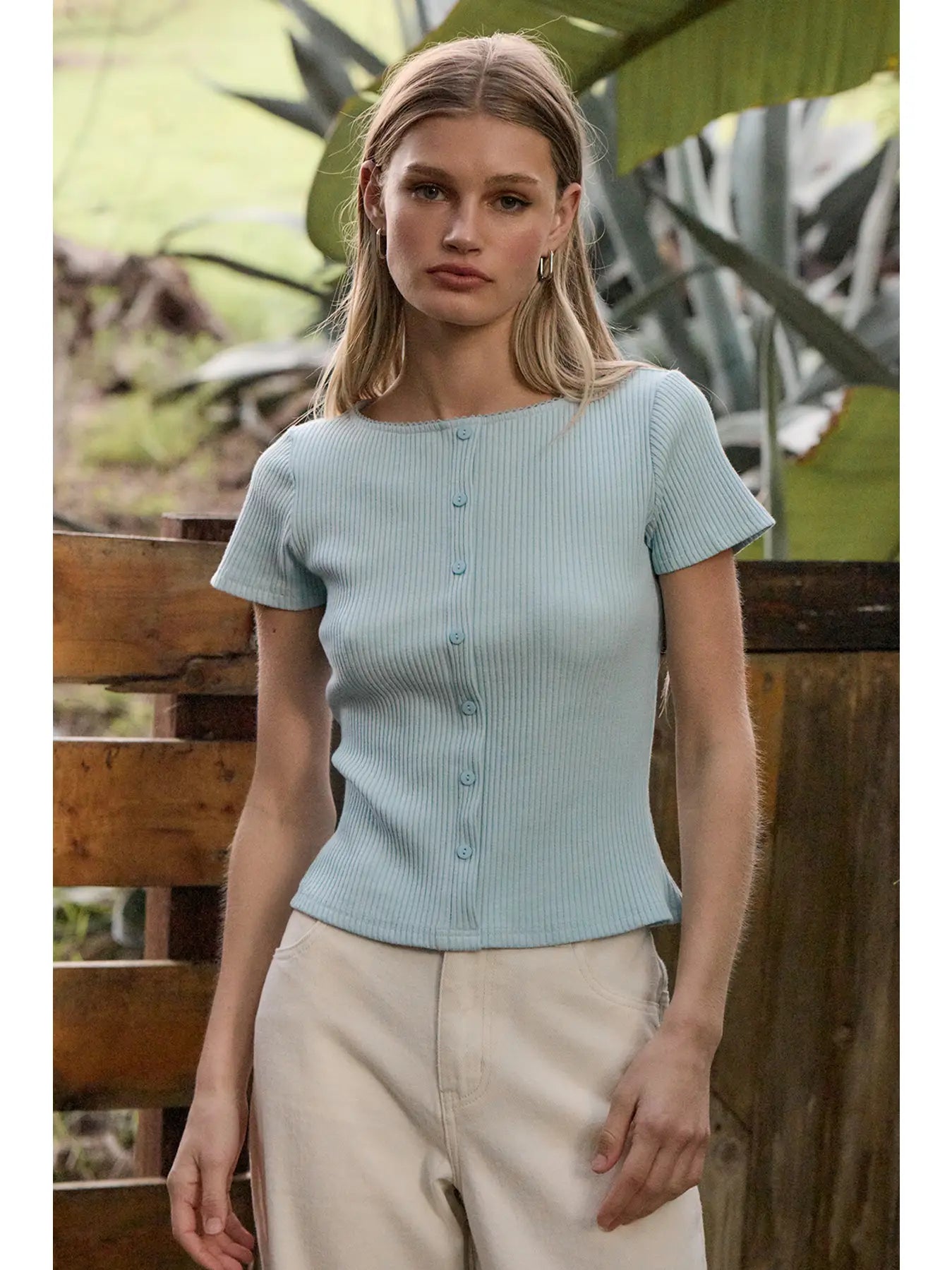 Ribbed Button Front Short Sleeve Knit Sweater