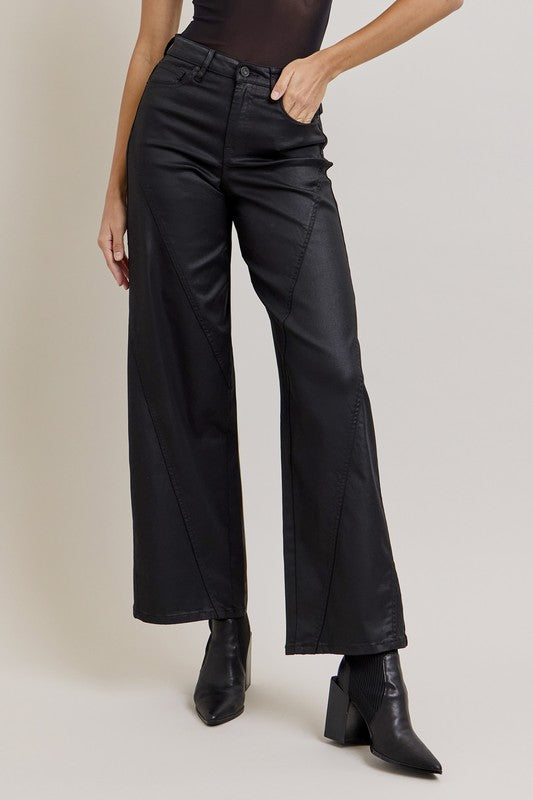 Nori 33"- Black Coated Extra Wide Leg Denim - Hidden
