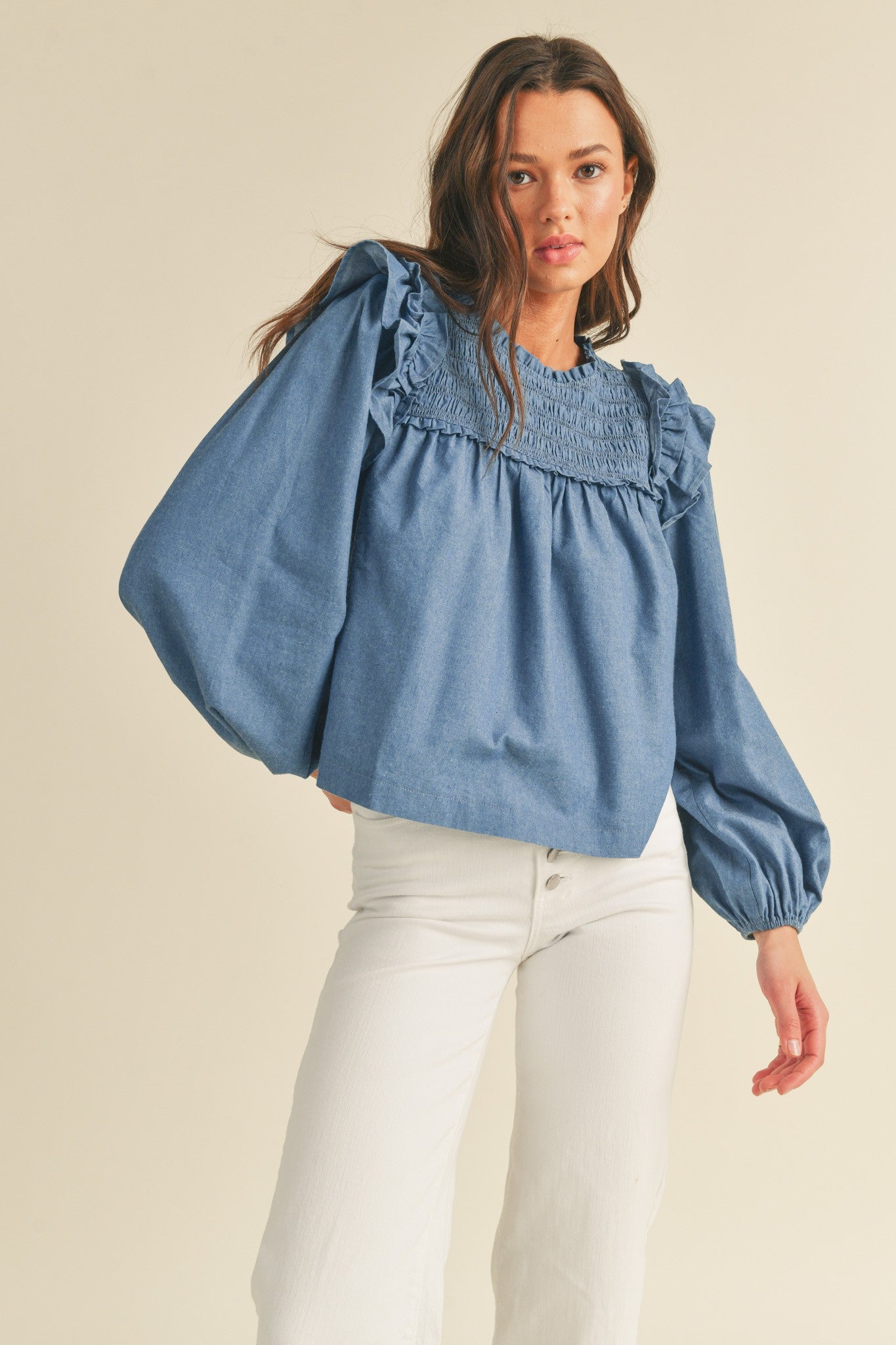Smocking Yoke Flutter Long Sleeve - Blue Denim