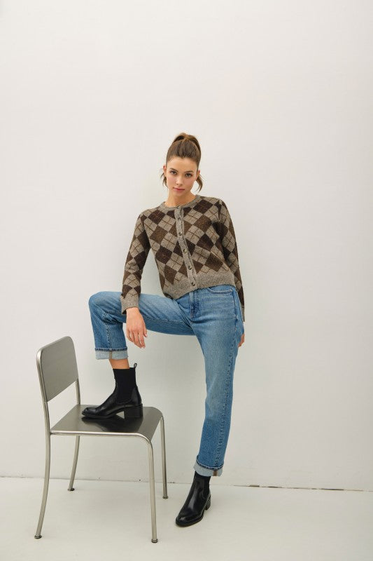 Brown Wool Blend Argyle Cardigan