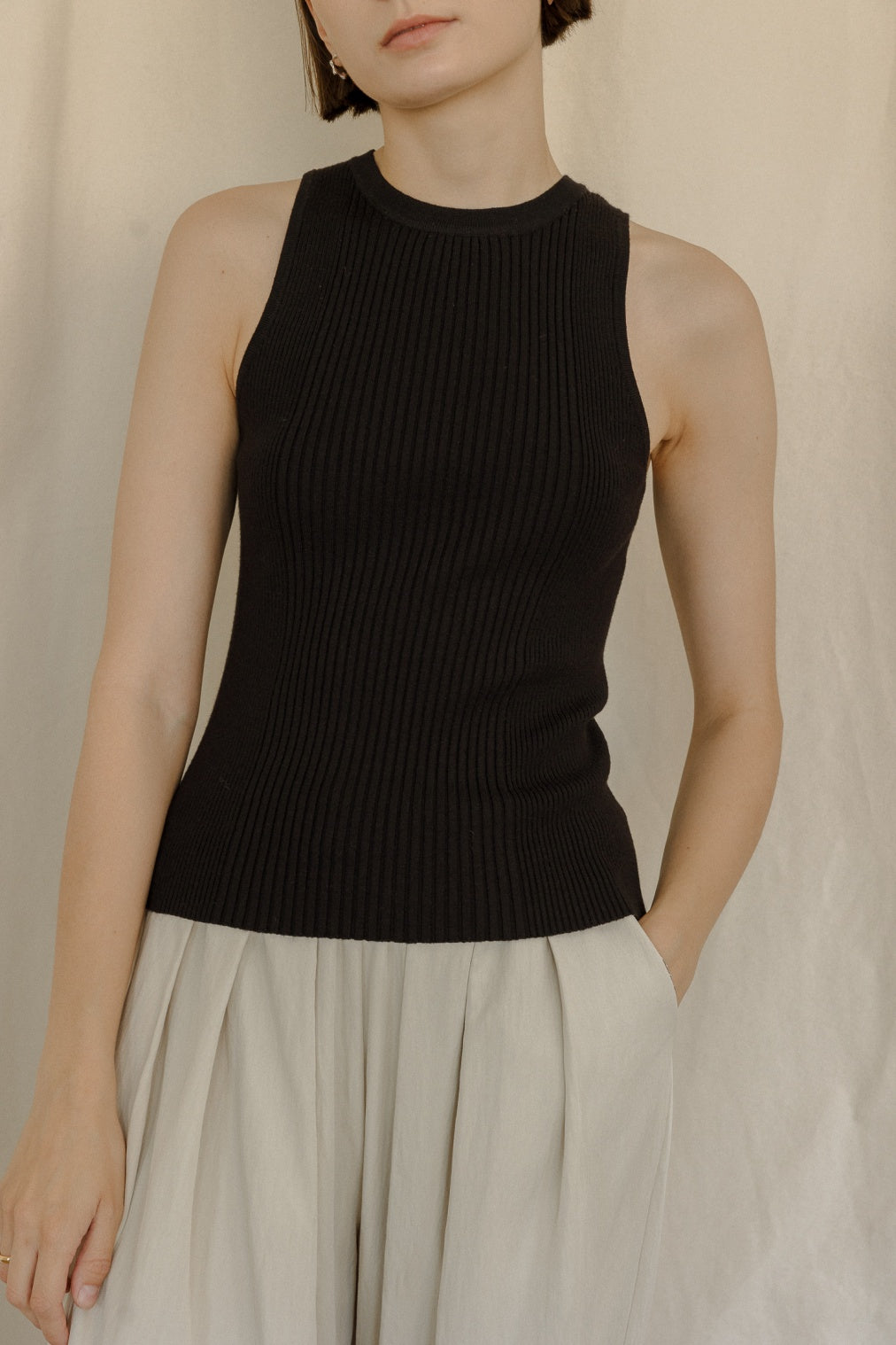 Black Ribbed Row Top