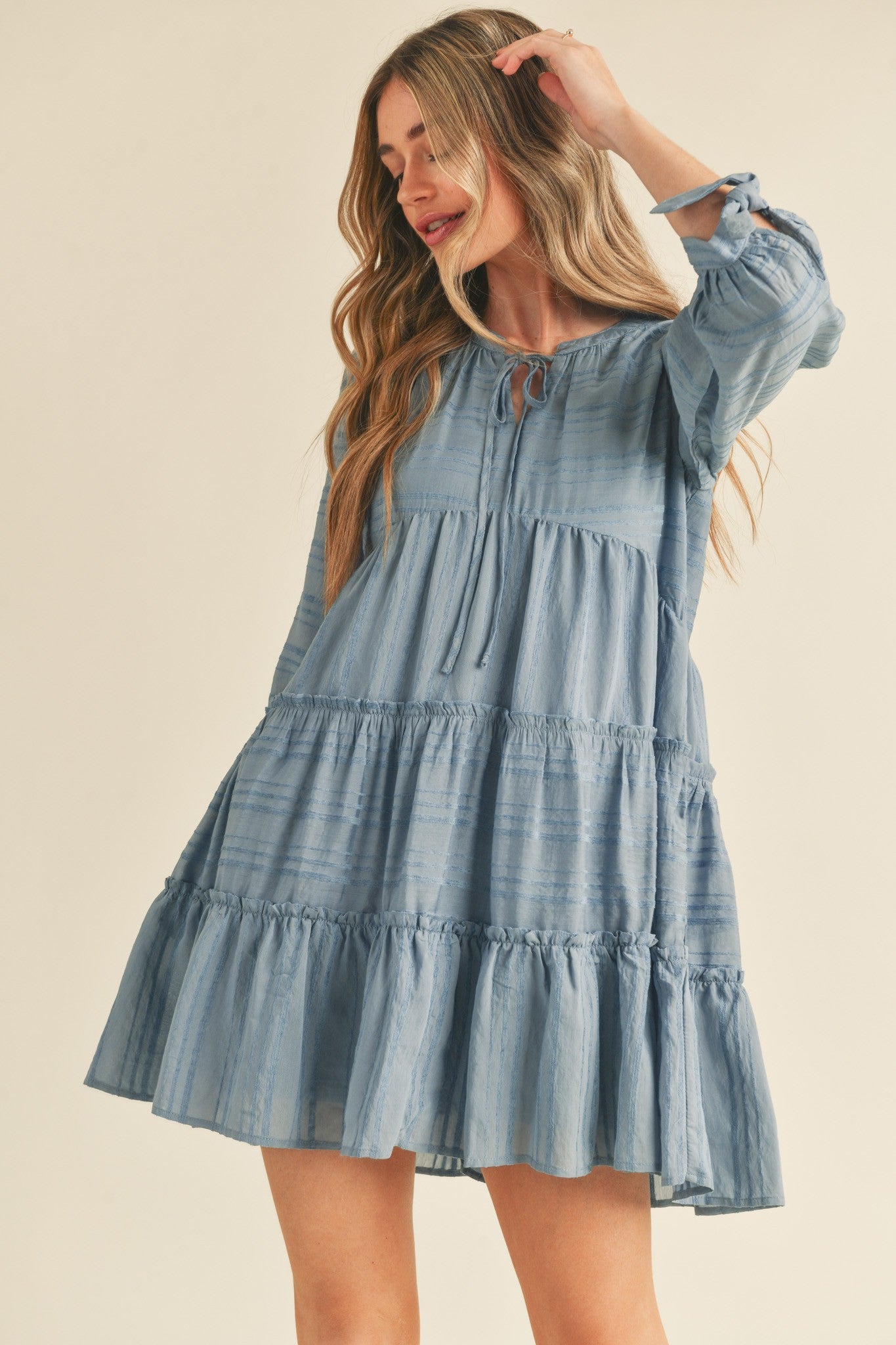 Puff Sleeve Tiered Babydoll Dress - Dusty Denim Blue