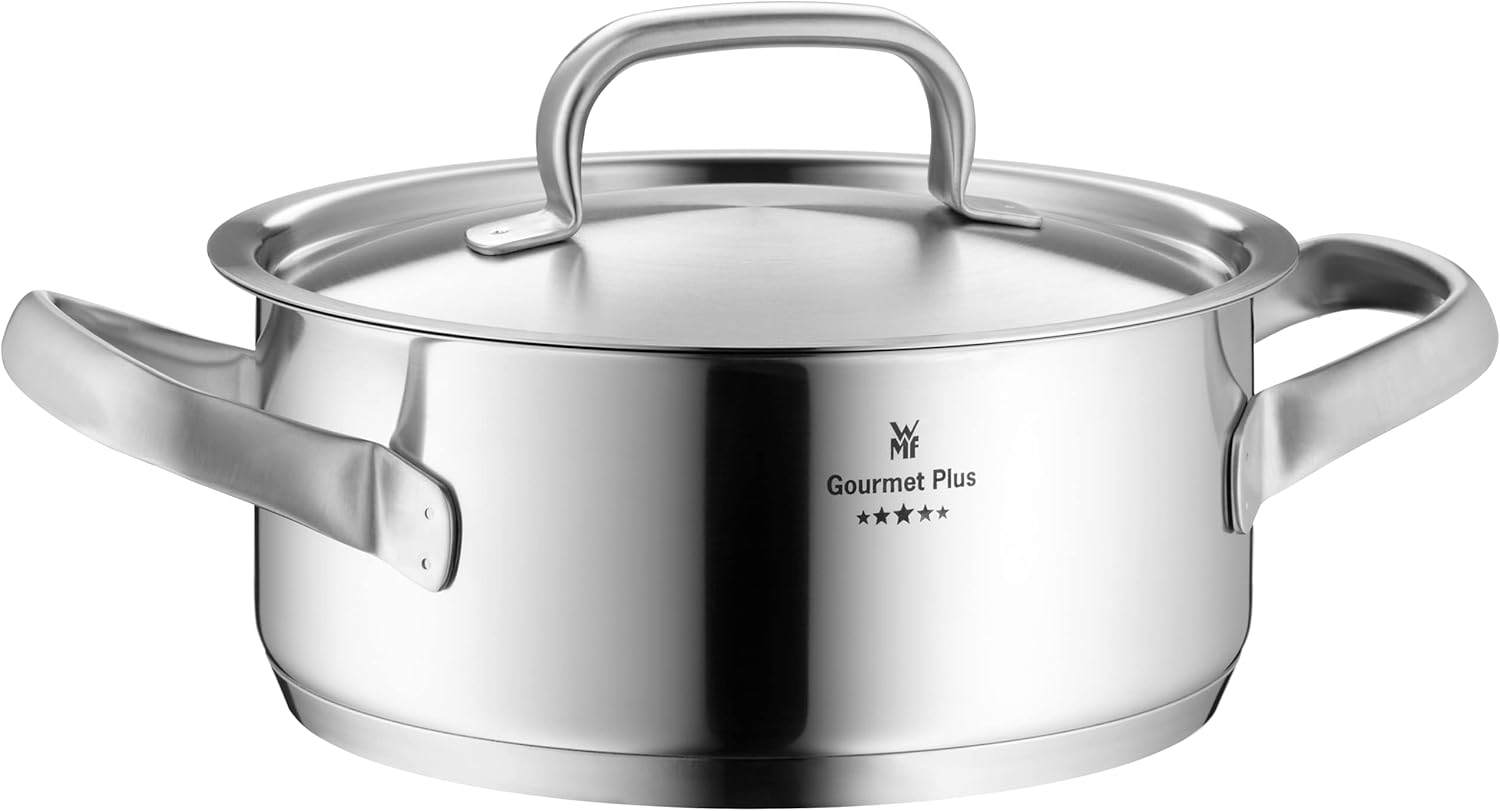 WMF Gourmet Plus - Batterie de cuisine 5 pièces, compatible induction, acier inoxydable, 1 casserole basse 20 cm, 3 casseroles hautes 16 cm, 20 cm et 24 cm, 1 casserole 16 cm avec 4 couvercles en acier inoxydable