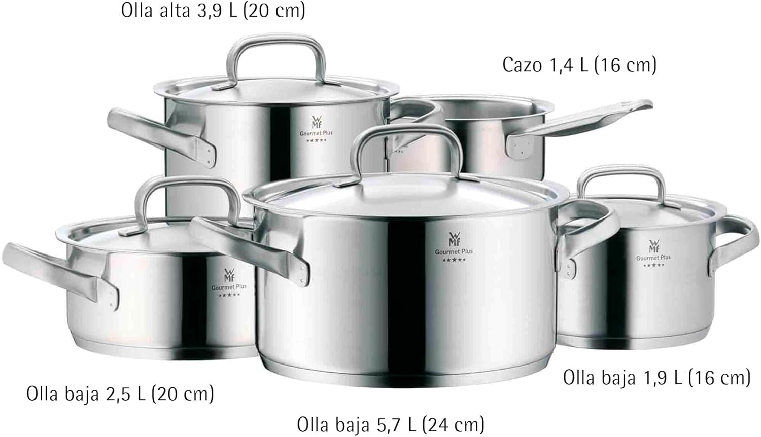 WMF Gourmet Plus - Batterie de cuisine 5 pièces, compatible induction, acier inoxydable, 1 casserole basse 20 cm, 3 casseroles hautes 16 cm, 20 cm et 24 cm, 1 casserole 16 cm avec 4 couvercles en acier inoxydable
