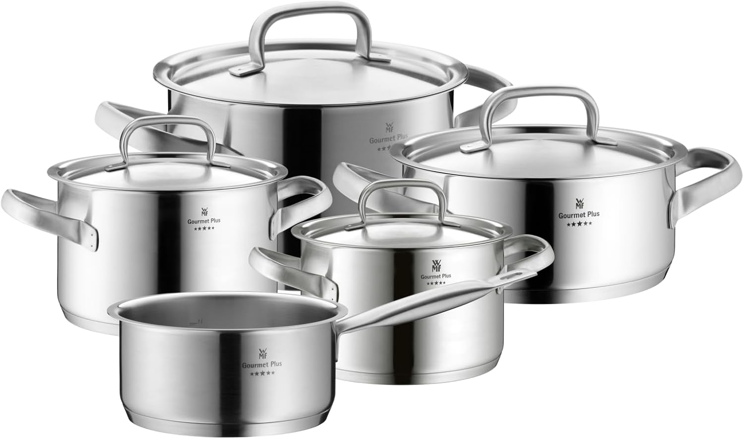 WMF Gourmet Plus - Batterie de cuisine 5 pièces, compatible induction, acier inoxydable, 1 casserole basse 20 cm, 3 casseroles hautes 16 cm, 20 cm et 24 cm, 1 casserole 16 cm avec 4 couvercles en acier inoxydable
