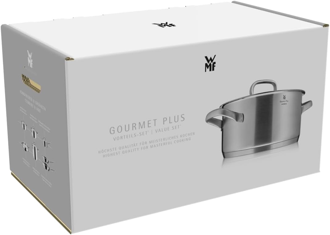 WMF Gourmet Plus - Batterie de cuisine 5 pièces, compatible induction, acier inoxydable, 1 casserole basse 20 cm, 3 casseroles hautes 16 cm, 20 cm et 24 cm, 1 casserole 16 cm avec 4 couvercles en acier inoxydable
